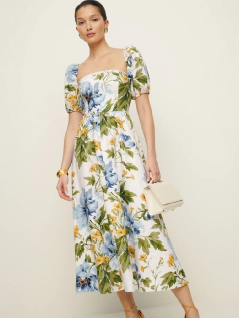 Reformation Davila Linen Dress, Green & Blue Floral, Size 6